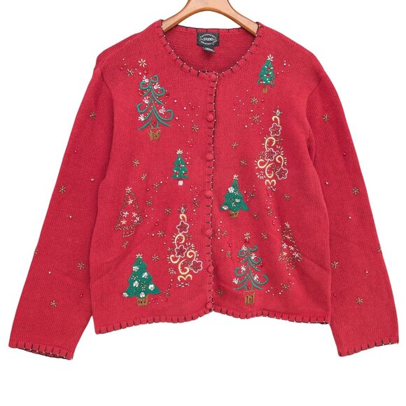 Vtg Designers Studio Christmas Sweater Womens Red Beaded Cardigan Size XL - Picture 1 of 9